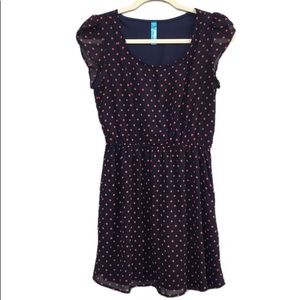 Francesca’s Navy Blue and Coral Polkadot Chiffon Cap Sleeve Casual Dress